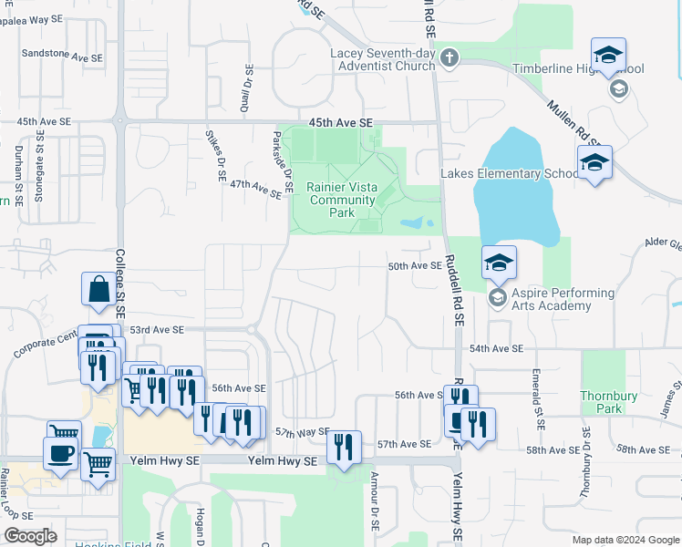 map of restaurants, bars, coffee shops, grocery stores, and more near 5490 50th Avenue Southeast in Lacey
