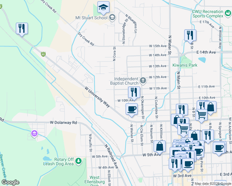 map of restaurants, bars, coffee shops, grocery stores, and more near 614 West 11th Avenue in Ellensburg