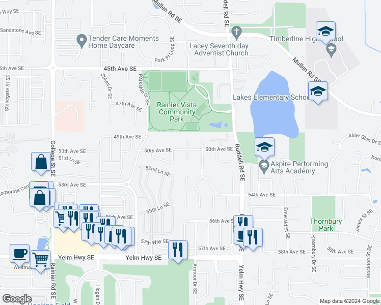 map of restaurants, bars, coffee shops, grocery stores, and more near 5501 50th Avenue Southeast in Lacey