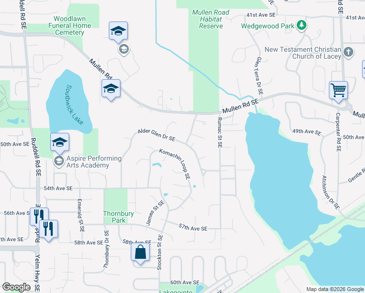 map of restaurants, bars, coffee shops, grocery stores, and more near 6701 Alder Glen Drive Southeast in Olympia