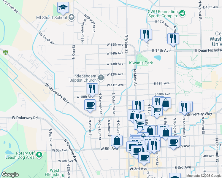 map of restaurants, bars, coffee shops, grocery stores, and more near 1006 North Columbia Street in Ellensburg
