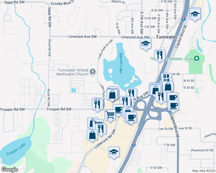 map of restaurants, bars, coffee shops, grocery stores, and more near 1500 Lake Park Drive Southwest in Tumwater