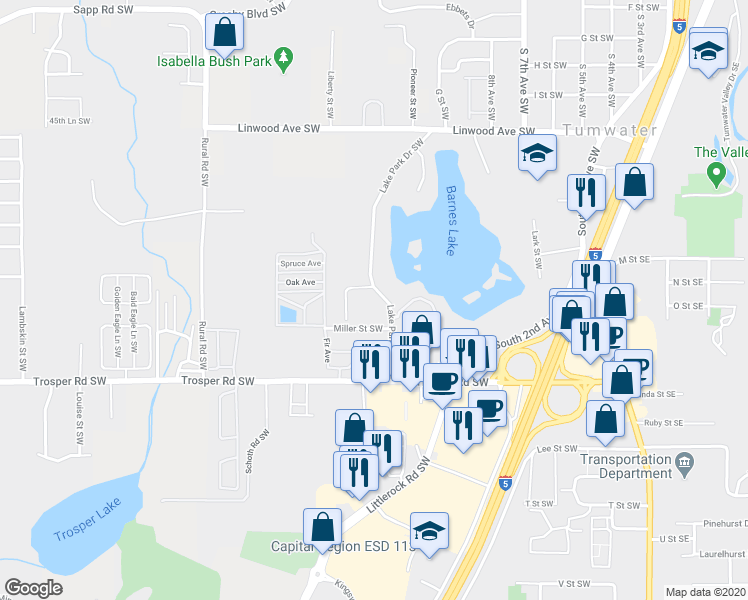 map of restaurants, bars, coffee shops, grocery stores, and more near 1505 Lake Park Drive Southwest in Tumwater