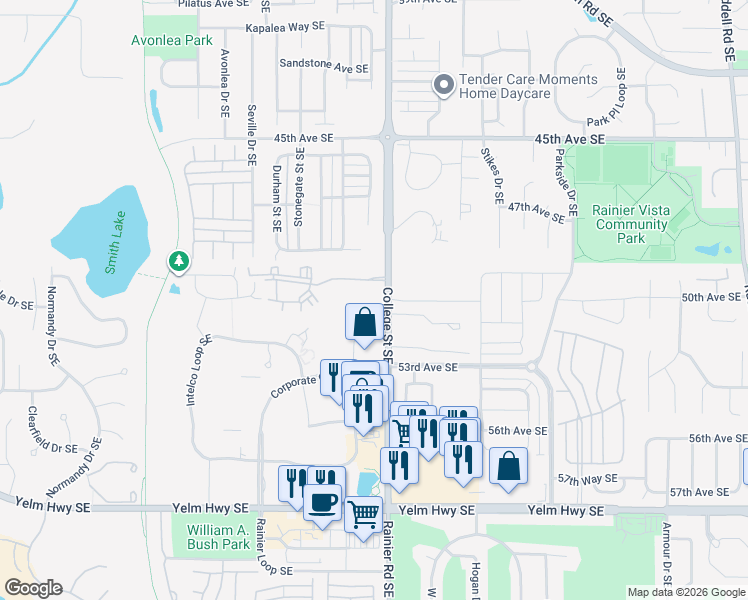 map of restaurants, bars, coffee shops, grocery stores, and more near 5005 College Street Southeast in Lacey