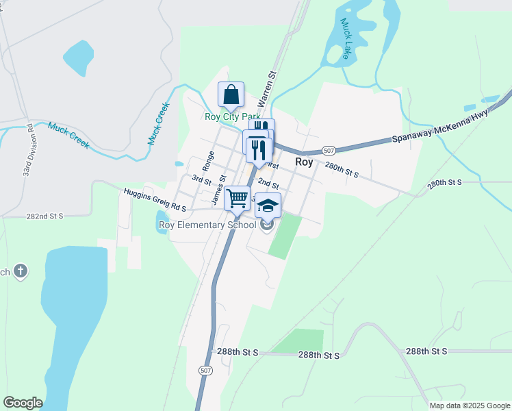 map of restaurants, bars, coffee shops, grocery stores, and more near 303 Peterson Street in Roy