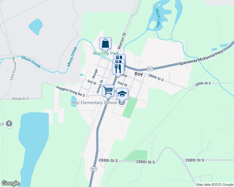 map of restaurants, bars, coffee shops, grocery stores, and more near 303 Peterson Street in Roy