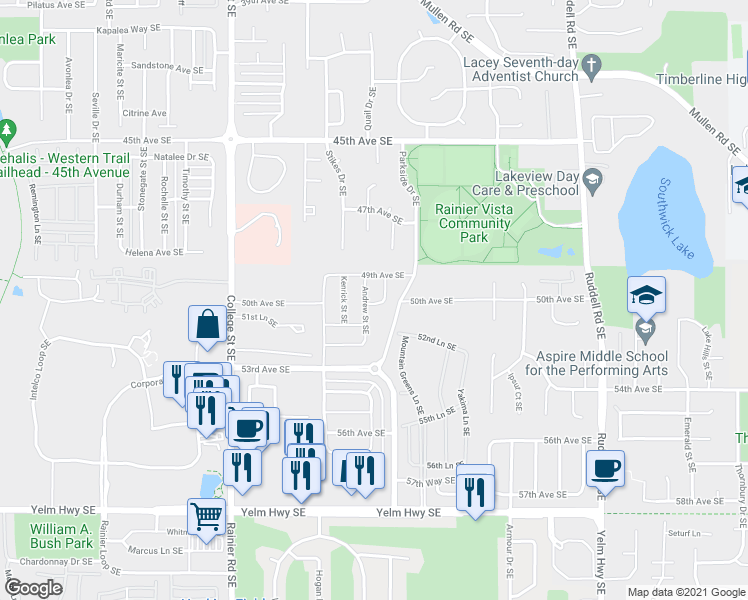 map of restaurants, bars, coffee shops, grocery stores, and more near 5051 Evie Street Southeast in Lacey