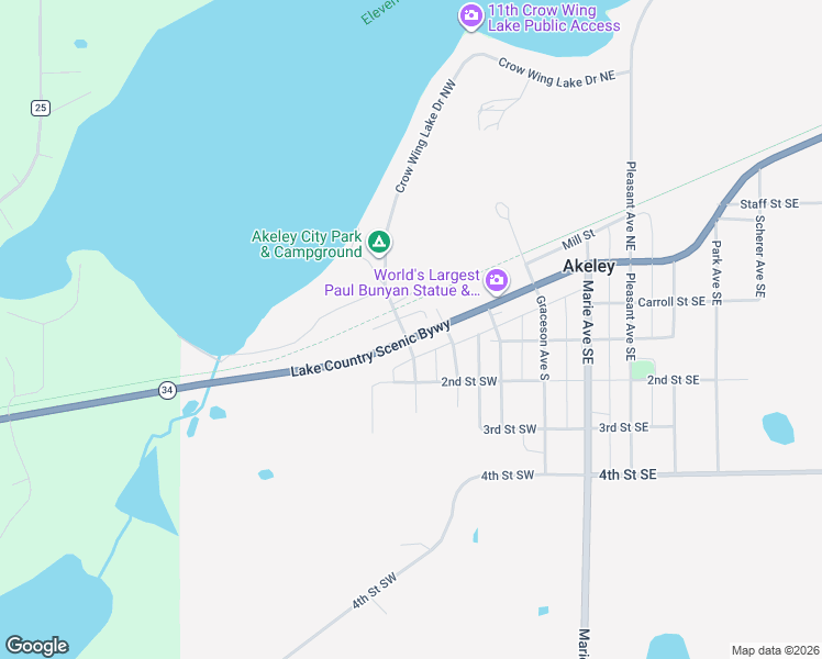 map of restaurants, bars, coffee shops, grocery stores, and more near 10 Hillside Avenue Southwest in Akeley