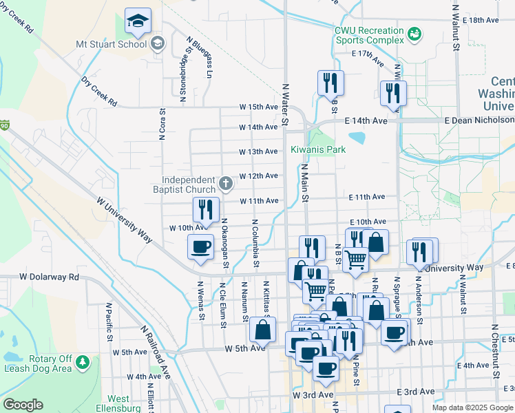 map of restaurants, bars, coffee shops, grocery stores, and more near 1006 North Columbia Street in Ellensburg