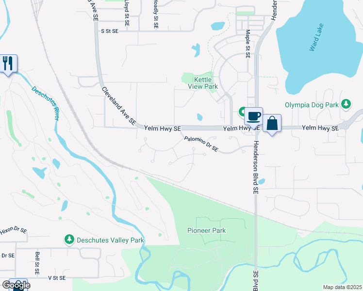 map of restaurants, bars, coffee shops, grocery stores, and more near 933 Harvest Drive Southeast in Tumwater