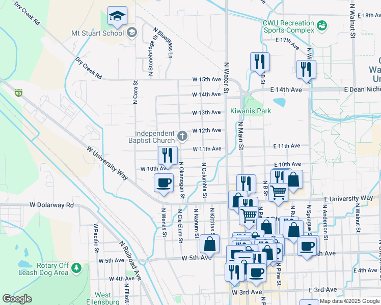 map of restaurants, bars, coffee shops, grocery stores, and more near 408 West 11th Avenue in Ellensburg