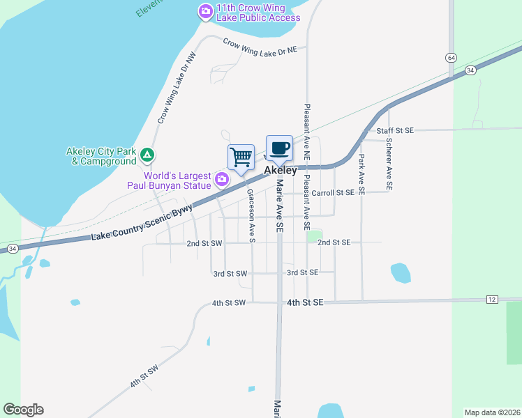 map of restaurants, bars, coffee shops, grocery stores, and more near 60 Graceson Avenue South in Akeley
