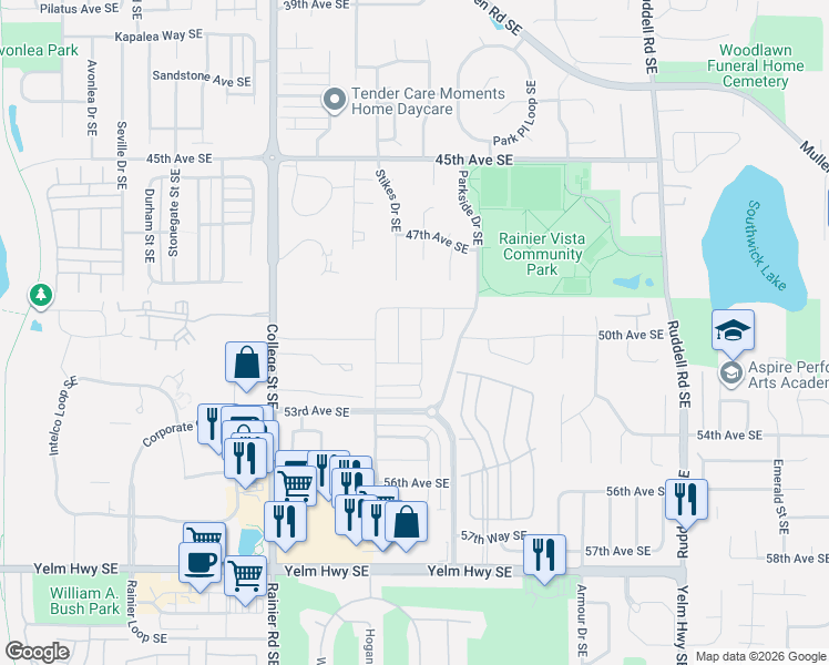 map of restaurants, bars, coffee shops, grocery stores, and more near 5051 Evie Street Southeast in Lacey