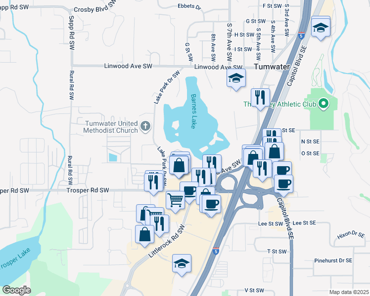 map of restaurants, bars, coffee shops, grocery stores, and more near 1500 Lake Park Drive Southwest in Tumwater