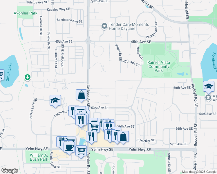 map of restaurants, bars, coffee shops, grocery stores, and more near 5004 50th Avenue Southeast in Lacey