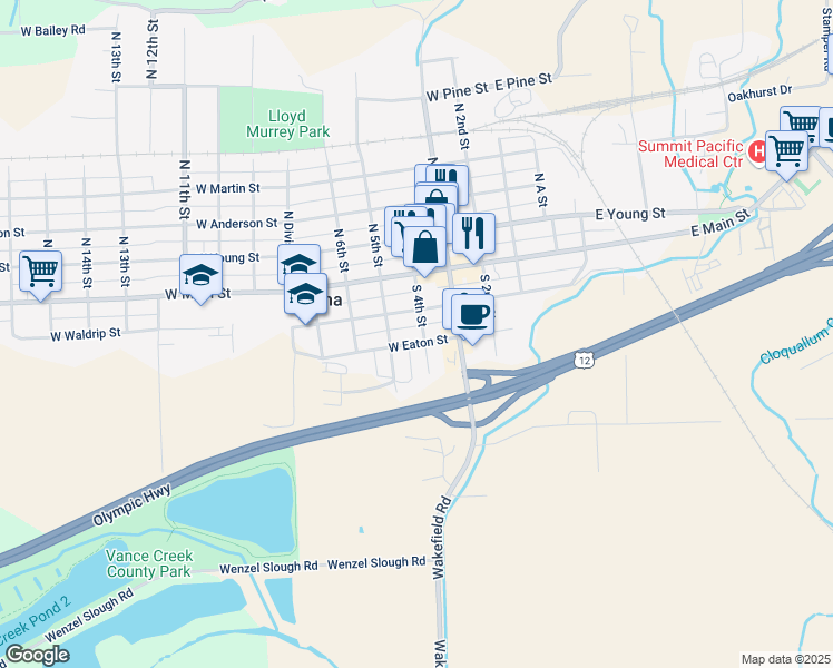 map of restaurants, bars, coffee shops, grocery stores, and more near 402 East Eaton Street in Elma