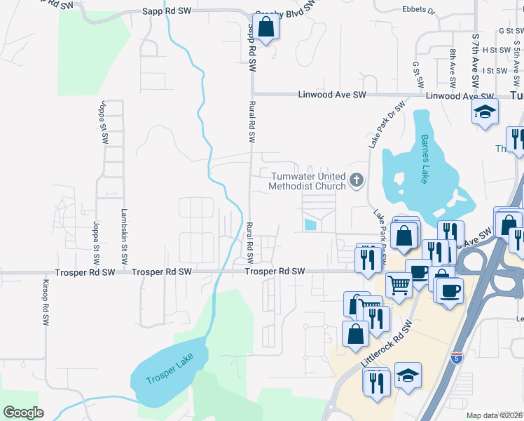 map of restaurants, bars, coffee shops, grocery stores, and more near 5024 Rural Road Southwest in Tumwater