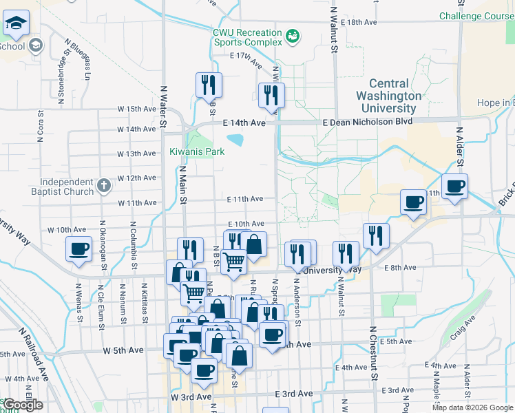 map of restaurants, bars, coffee shops, grocery stores, and more near 204 E 11th Ave in Ellensburg