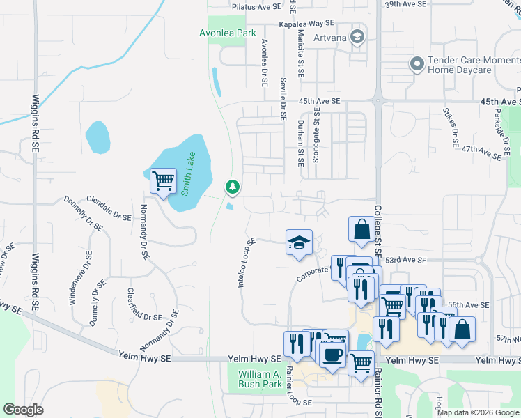 map of restaurants, bars, coffee shops, grocery stores, and more near 4300 Roxanna Loop Southeast in Lacey