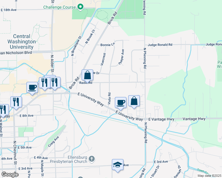 map of restaurants, bars, coffee shops, grocery stores, and more near 1002 Vista Road in Ellensburg