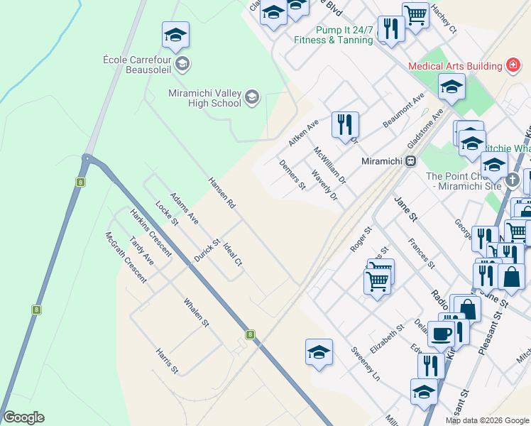 map of restaurants, bars, coffee shops, grocery stores, and more near 6 Dean Ave in Miramichi