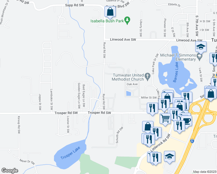 map of restaurants, bars, coffee shops, grocery stores, and more near 5024 Rural Road Southwest in Tumwater