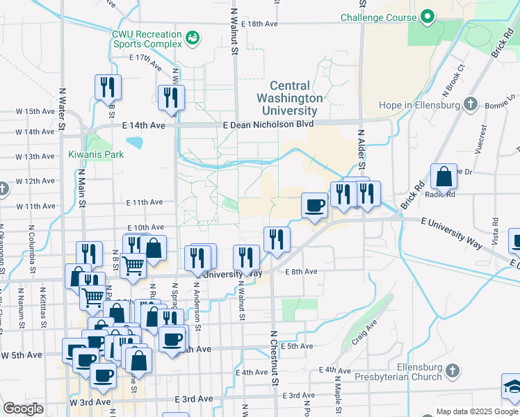 map of restaurants, bars, coffee shops, grocery stores, and more near 400 East University Way in Ellensburg
