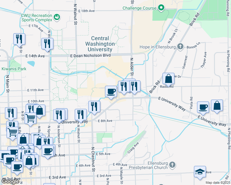 map of restaurants, bars, coffee shops, grocery stores, and more near 913 University Way in Ellensburg