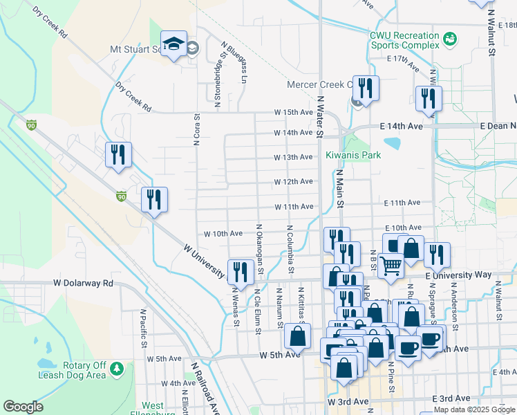 map of restaurants, bars, coffee shops, grocery stores, and more near 1100 North Okanogan Street in Ellensburg