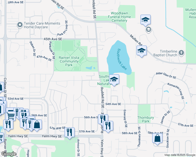 map of restaurants, bars, coffee shops, grocery stores, and more near 4924 Cottage Lane Southeast in Olympia