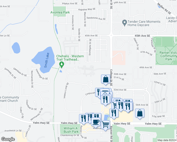 map of restaurants, bars, coffee shops, grocery stores, and more near 5001 College Street Southeast in Lacey