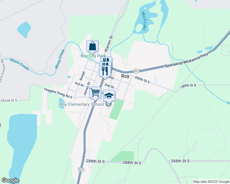 map of restaurants, bars, coffee shops, grocery stores, and more near 215 Lyle Street South in Roy