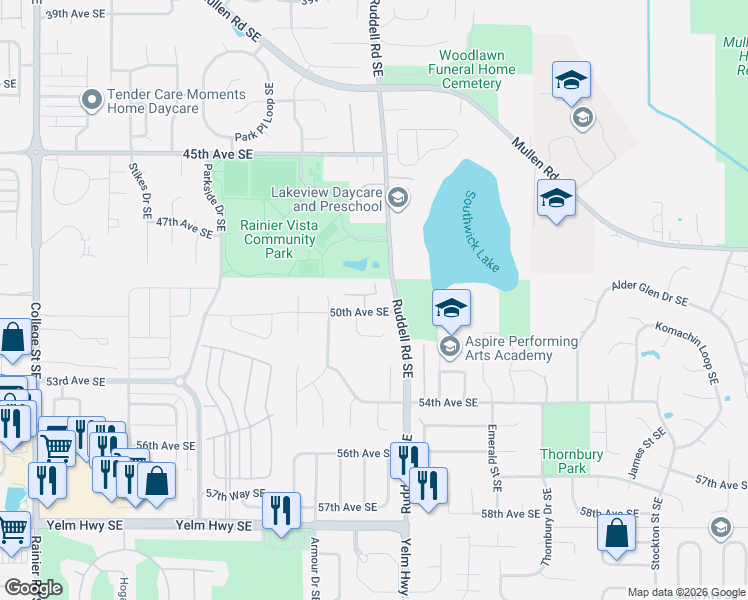 map of restaurants, bars, coffee shops, grocery stores, and more near 4924 Cottage Lane Southeast in Olympia