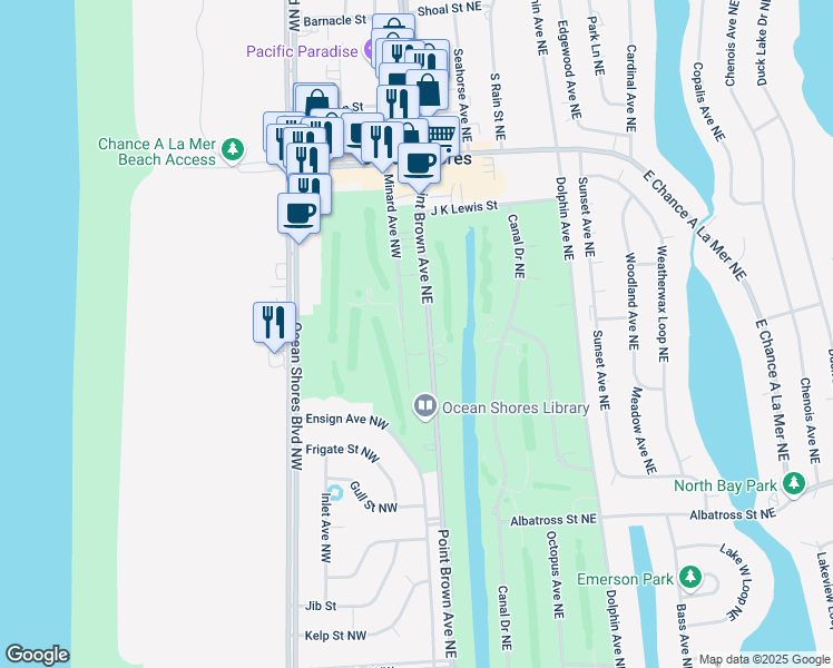 map of restaurants, bars, coffee shops, grocery stores, and more near 603 Point Brown Avenue Northeast in Ocean Shores