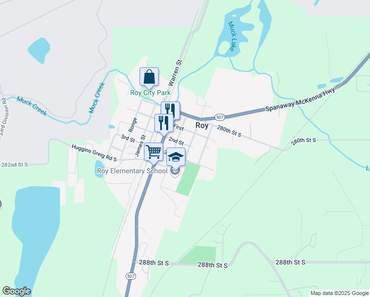 map of restaurants, bars, coffee shops, grocery stores, and more near 215 Lyle Street South in Roy
