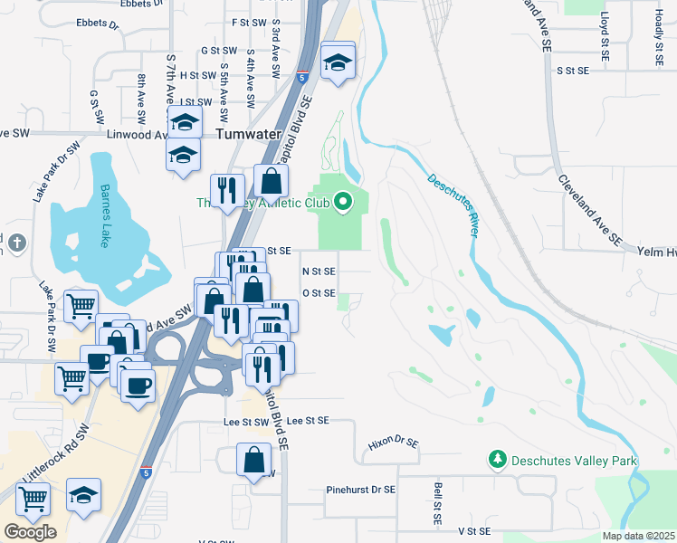 map of restaurants, bars, coffee shops, grocery stores, and more near N Street Southeast in Olympia
