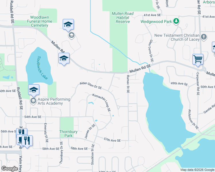 map of restaurants, bars, coffee shops, grocery stores, and more near 6701 Alderglen Drive Southeast in Lacey