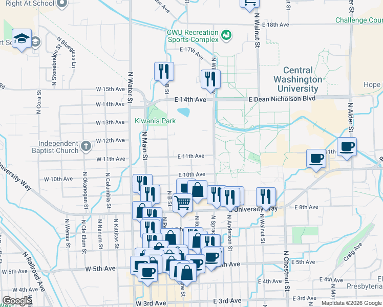 map of restaurants, bars, coffee shops, grocery stores, and more near 204 East 11th Avenue in Ellensburg