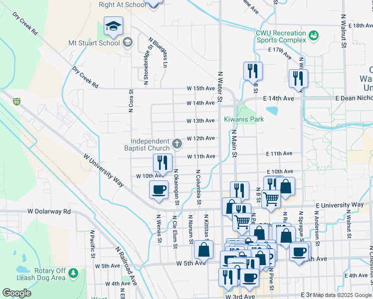 map of restaurants, bars, coffee shops, grocery stores, and more near 408 West 11th Avenue in Ellensburg