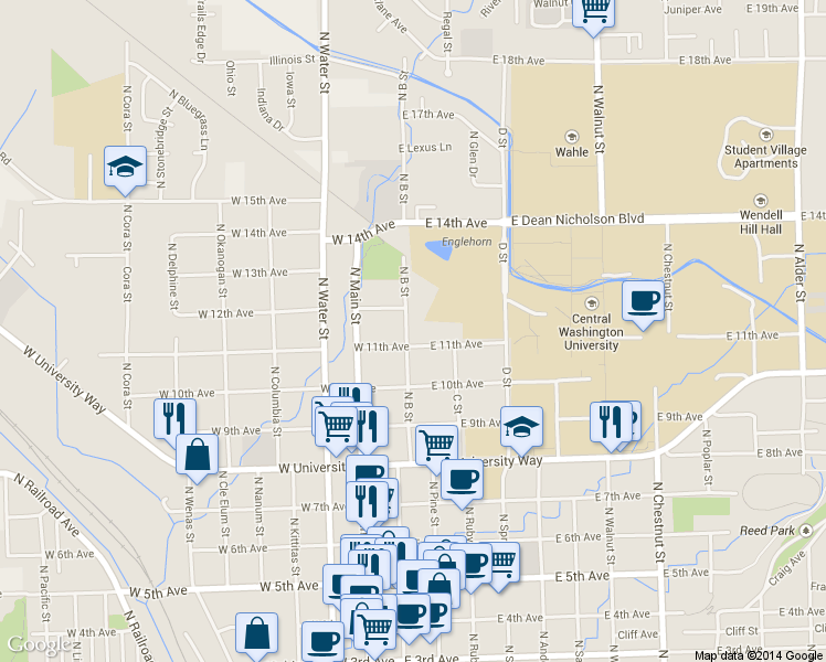 map of restaurants, bars, coffee shops, grocery stores, and more near 1007 North B Street in Ellensburg