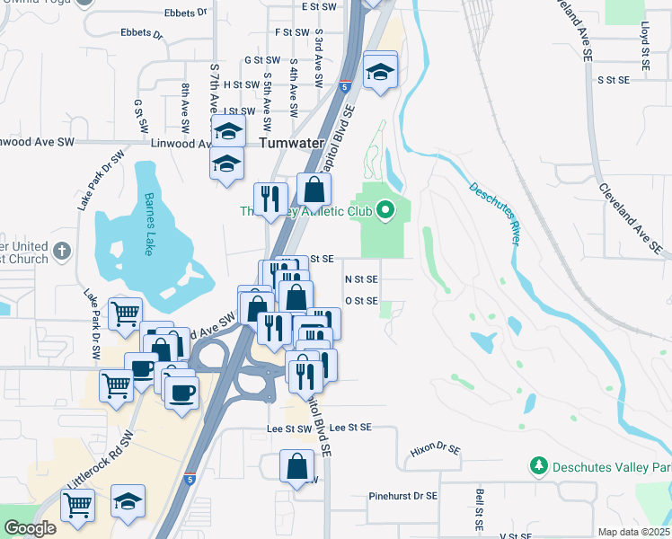 map of restaurants, bars, coffee shops, grocery stores, and more near 5003 Rainier Avenue Southeast in Tumwater