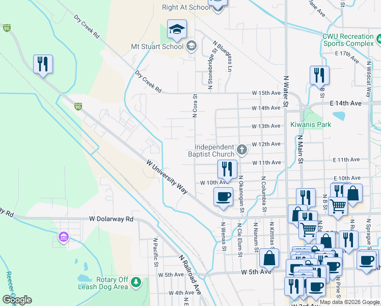 map of restaurants, bars, coffee shops, grocery stores, and more near 614 West 11th Avenue in Ellensburg