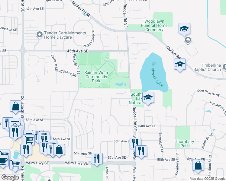 map of restaurants, bars, coffee shops, grocery stores, and more near 4945 Mount Tahoma Drive Southeast in Olympia