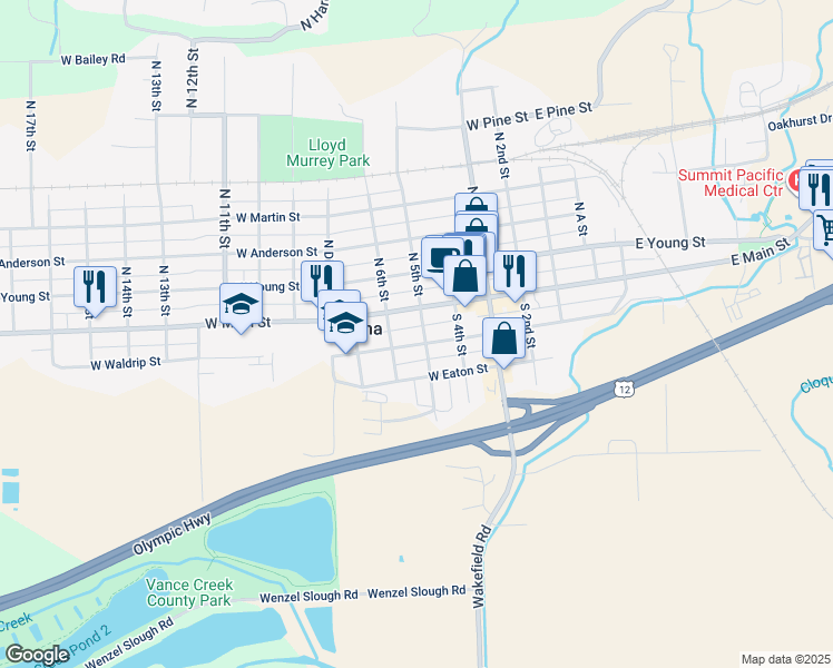 map of restaurants, bars, coffee shops, grocery stores, and more near 115 South 5th Street in McCleary