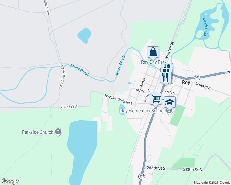 map of restaurants, bars, coffee shops, grocery stores, and more near 512 Higgins Greig Road in Roy