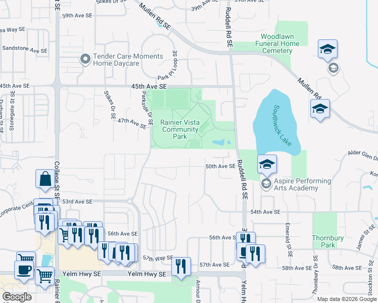 map of restaurants, bars, coffee shops, grocery stores, and more near 5475 45th Avenue Southeast in Lacey