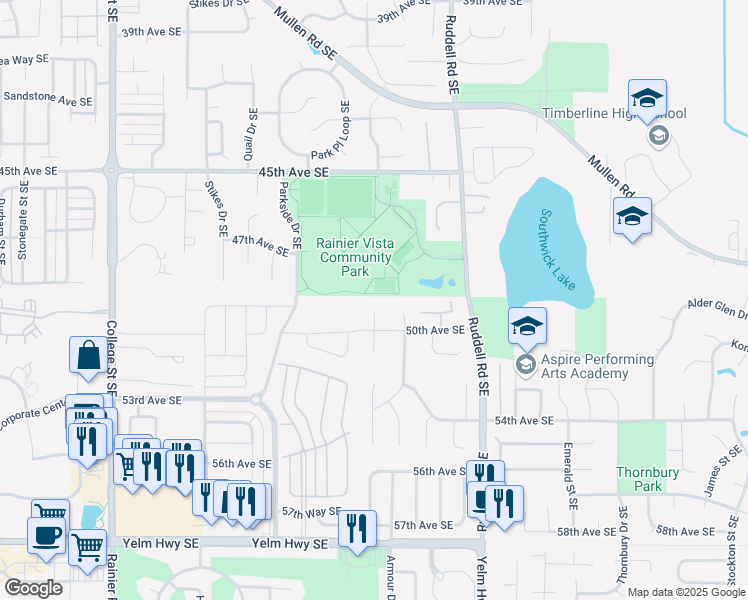 map of restaurants, bars, coffee shops, grocery stores, and more near 5475 45th Avenue Southeast in Lacey