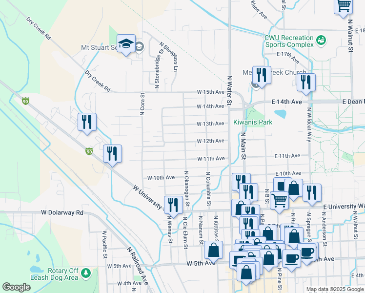 map of restaurants, bars, coffee shops, grocery stores, and more near 503 West 12th Avenue in Ellensburg