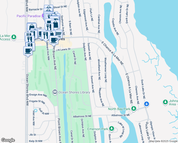 map of restaurants, bars, coffee shops, grocery stores, and more near 639 Sunset Avenue in Ocean Shores