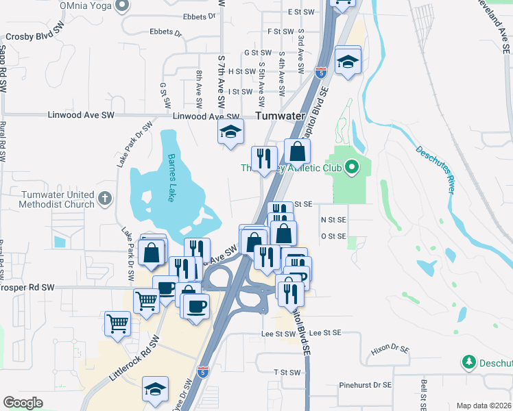 map of restaurants, bars, coffee shops, grocery stores, and more near 220 Little Street Southwest in Tumwater